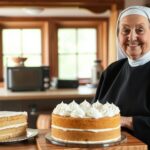 Siostra Anastazja prezentująca ciasto z chałwą i bezami w kuchni klasztornej