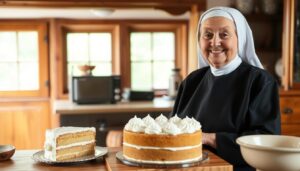 Siostra Anastazja prezentująca ciasto z chałwą i bezami w kuchni klasztornej