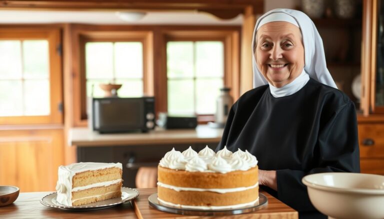 Siostra Anastazja prezentująca ciasto z chałwą i bezami w kuchni klasztornej