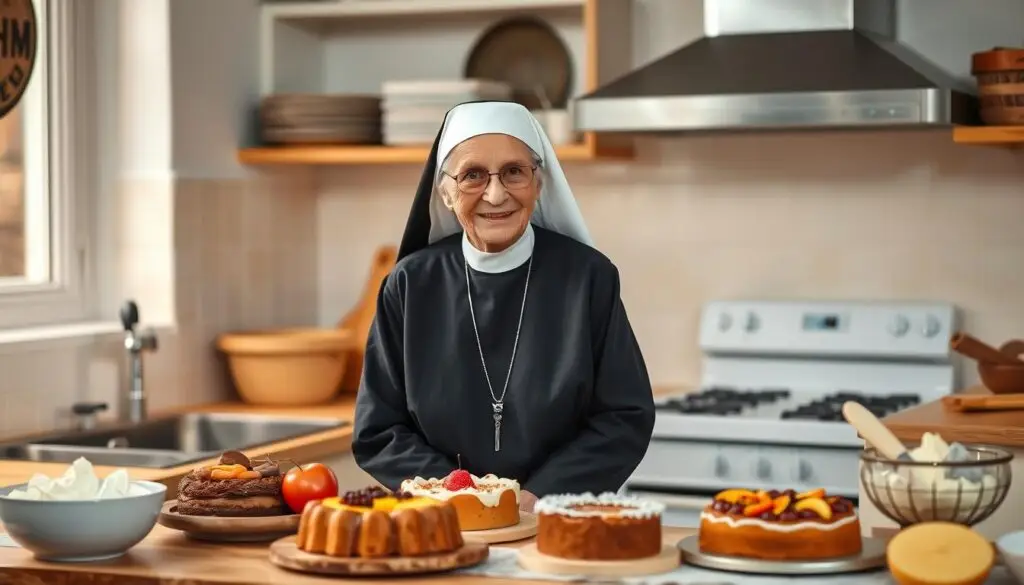 Siostra Anastazja prezentująca swoje ciasta owocowe