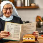 Siostra Anastazja prezentująca swoje książki kucharskie z przepisem na ciasto harataniec