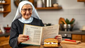 Siostra Anastazja prezentująca swoje książki kucharskie z przepisem na ciasto harataniec