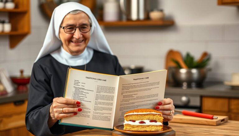 Siostra Anastazja prezentująca swoje książki kucharskie z przepisem na ciasto harataniec