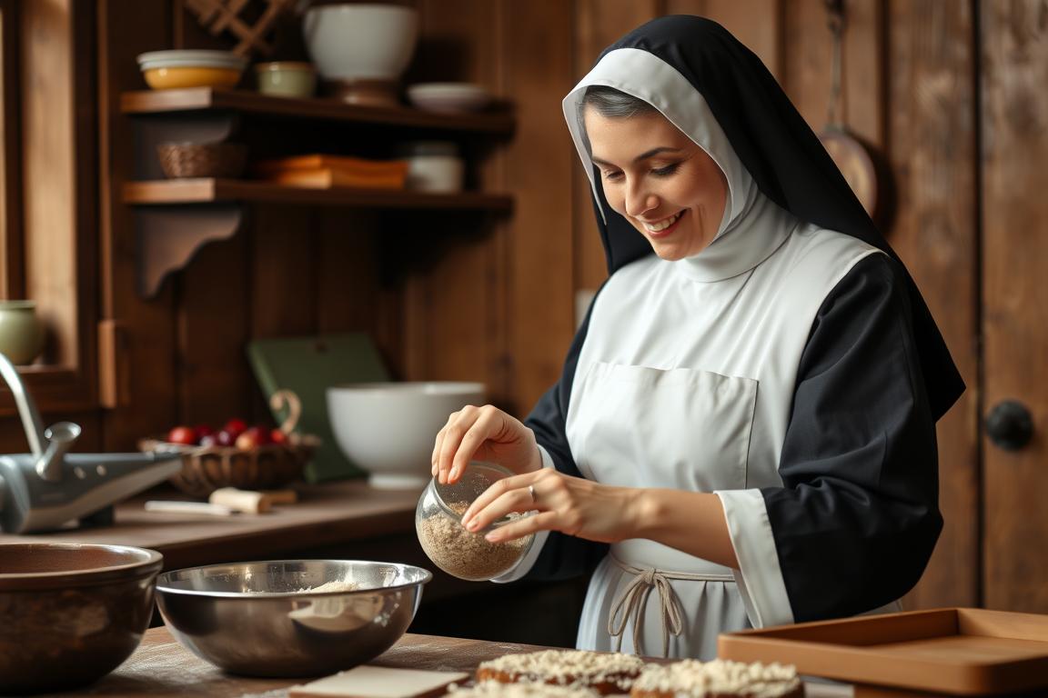 Siostra Anastazja w kuchni klasztornej przygotowująca ciasto na keks