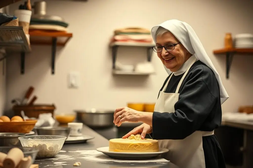 Siostra Anastazja w kuchni przygotowująca ciasto