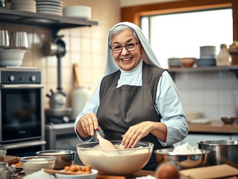 Siostra Anastazja w kuchni przygotowująca ciasto