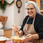 Siostra Anastazja w kuchni przygotowująca ciasto Łabędzi Puch