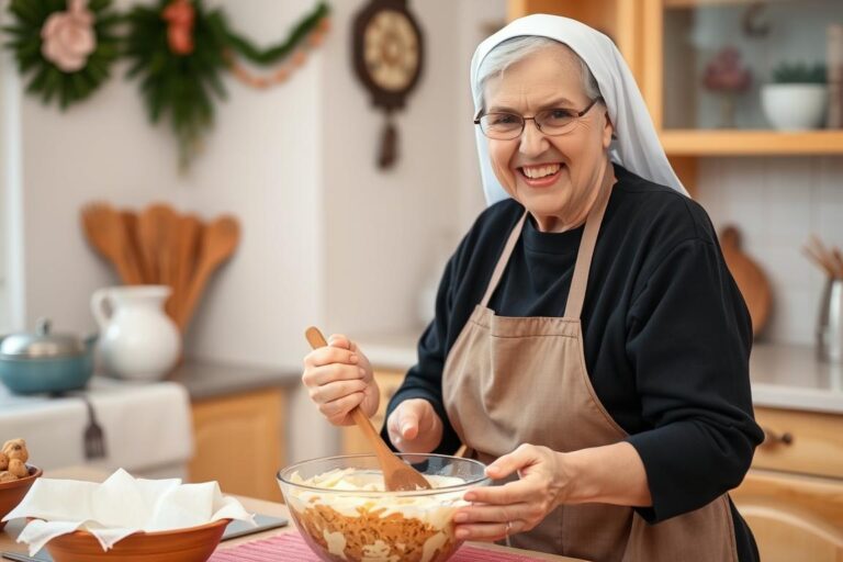 Siostra Anastazja w kuchni przygotowująca ciasto Łabędzi Puch