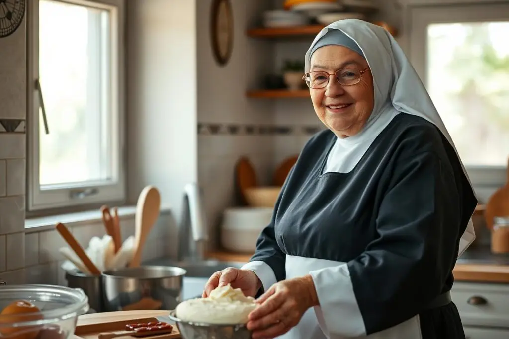 Siostra Anastazja w kuchni przygotowująca ciasto biała dama