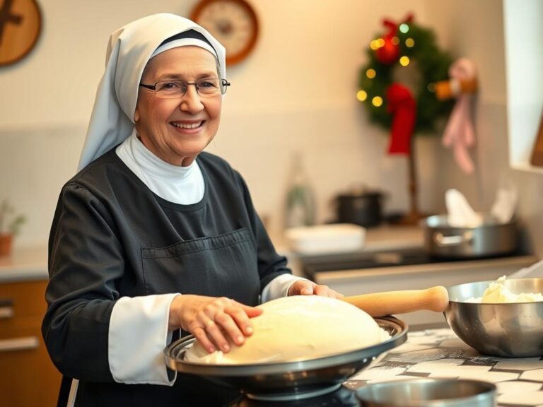 Siostra Anastazja w kuchni przygotowująca ciasto na Boże Narodzenie