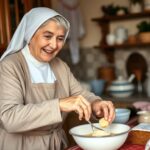 Siostra Anastazja w kuchni przygotowująca ciasto niebo w gębie