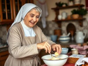 Siostra Anastazja w kuchni przygotowująca ciasto niebo w gębie