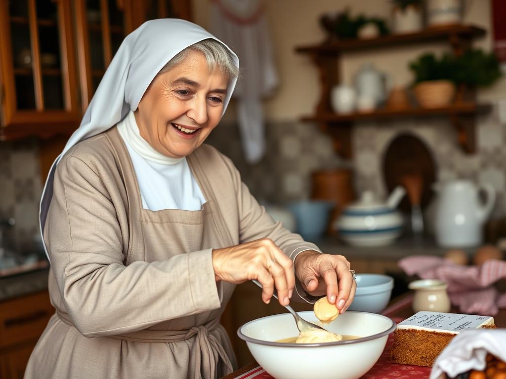 Siostra Anastazja w kuchni przygotowująca ciasto niebo w gębie