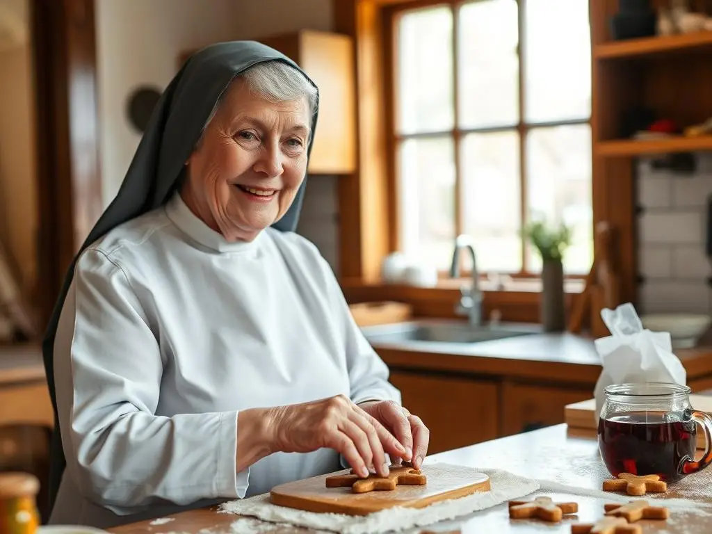 Siostra Anastazja w kuchni przygotowująca piernik z herbatą