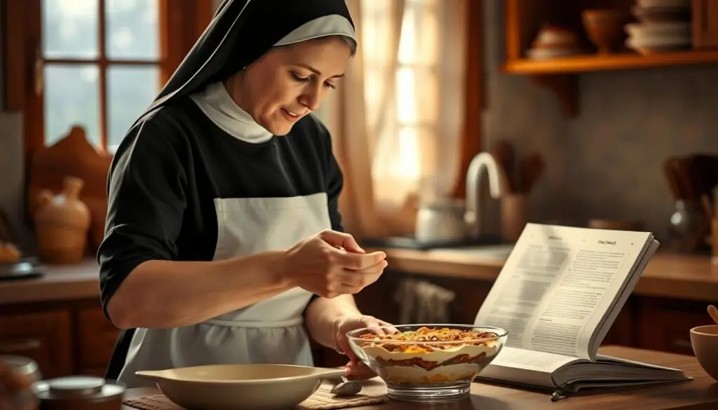 Siostra Anastazja w kuchni przygotowująca swoje słynne ciasto tiramisu