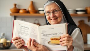 Siostra Anastazja z książką kucharską zawierającą przepis na ciasto kostka alpejska