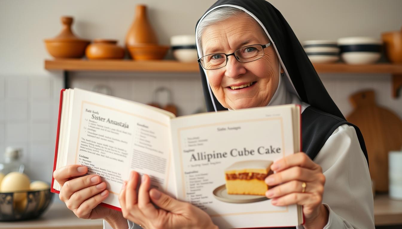 Siostra Anastazja z książką kucharską zawierającą przepis na ciasto kostka alpejska