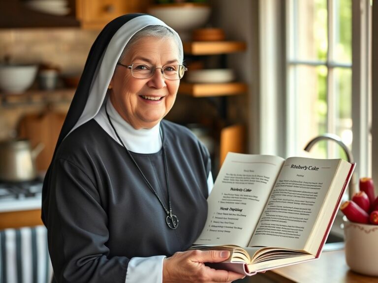 Siostra Anastazja z książką kucharską zawierającą przepis na ciasto z rabarbarem