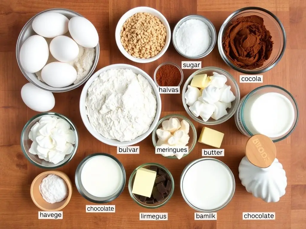 Składniki do ciasta z chałwą i bezami siostry Anastazji ułożone na drewnianym stole