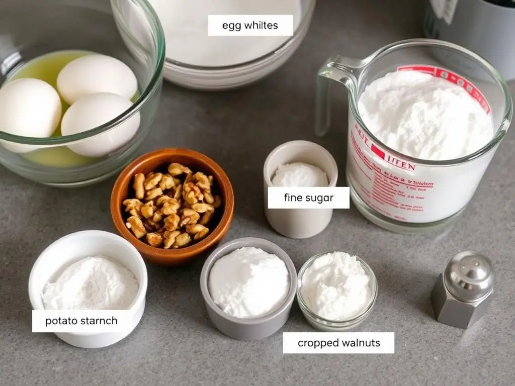 Składniki na bezę z orzechami do przepisu na ciasto pani Walewska siostry Anastazji z orzechami
