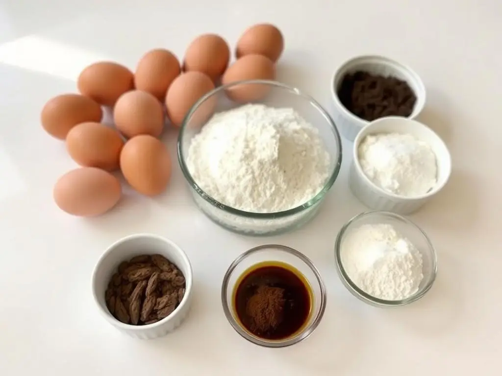 Składniki na biszkopt kakaowy do ciasta z ptasim mleczkiem Składniki na biszkopt kakaowy do ciasta z ptasim mleczkiem