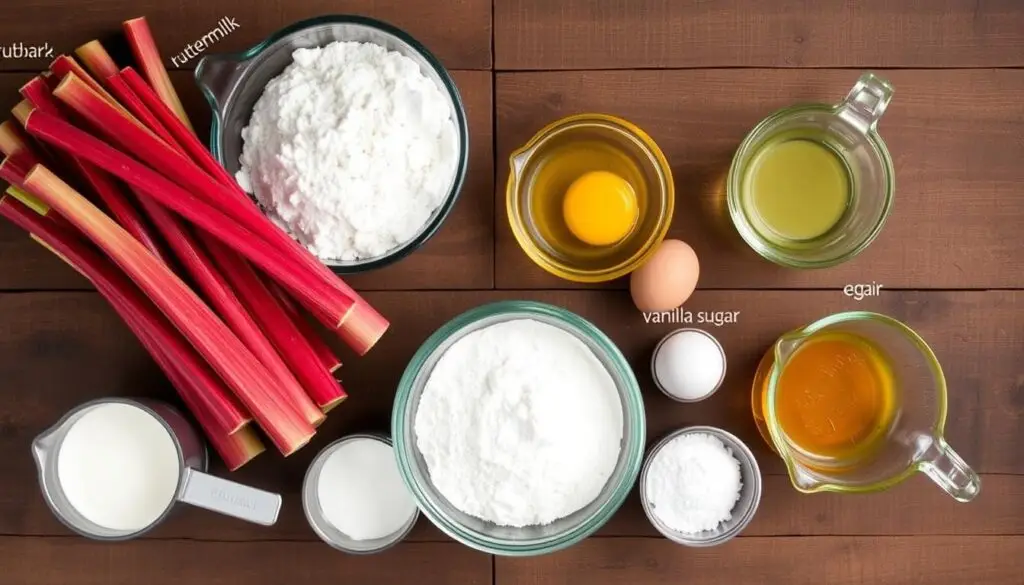 Składniki na ciasto z rabarbarem siostry Anastazji ułożone na drewnianym stole