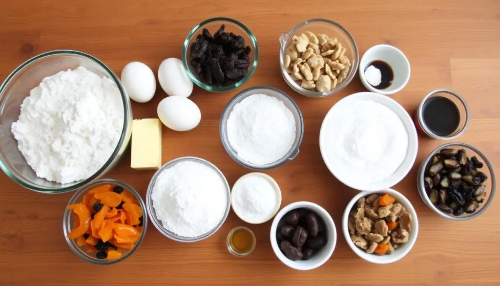 Składniki na keks Siostry Anastazji ułożone na drewnianym stole - mąka, jajka, masło, bakalie