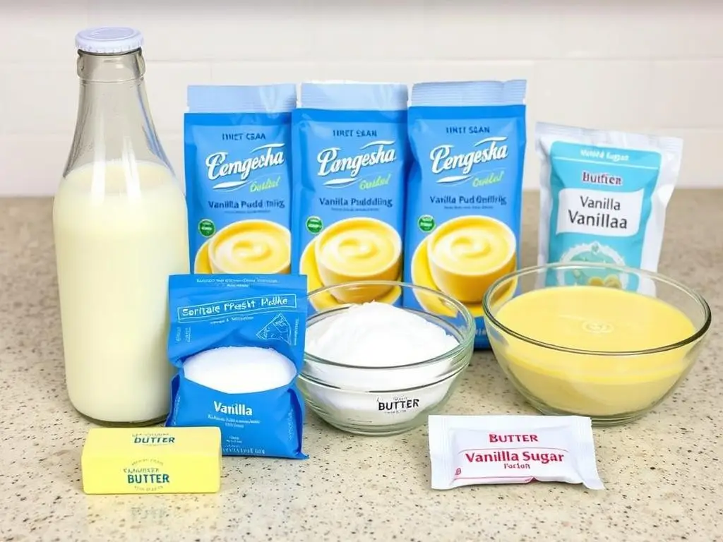 Składniki na masę budyniową do przepisu na ciasto pani Walewska siostry Anastazji z orzechami