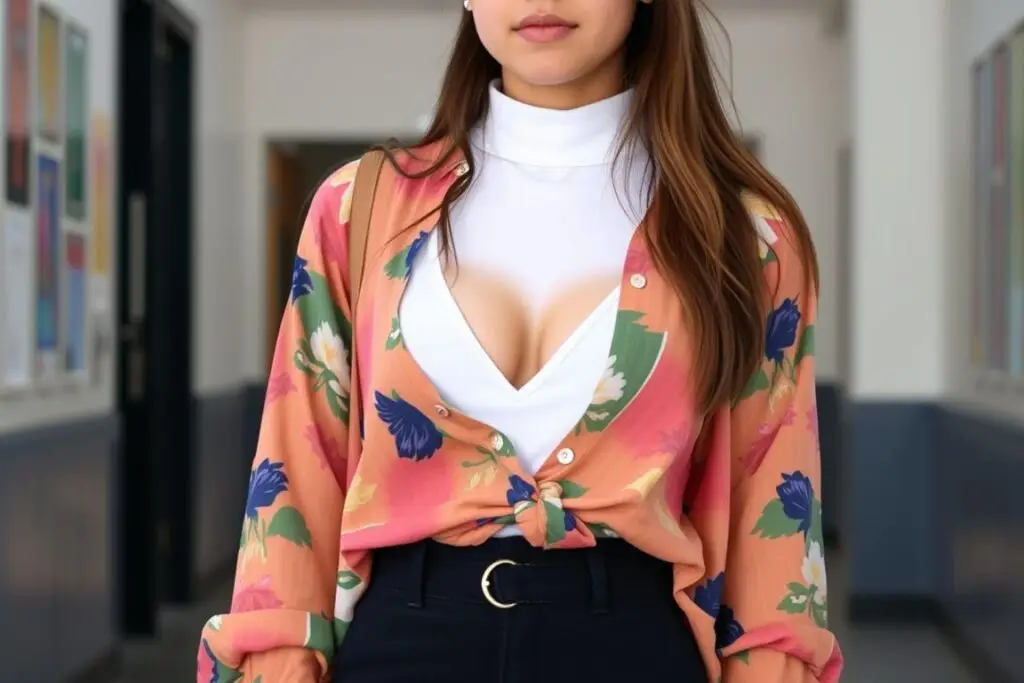 Stylizacja z warstwami zakrywającymi głęboki dekolt