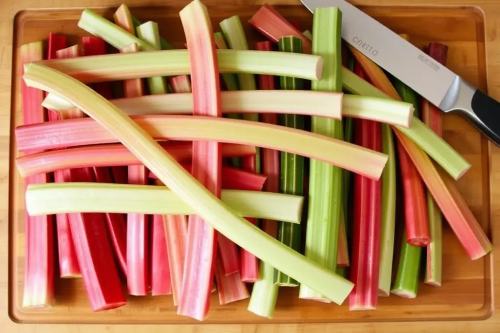 Świeże łodygi rabarbaru w różnych odcieniach czerwieni i zieleni