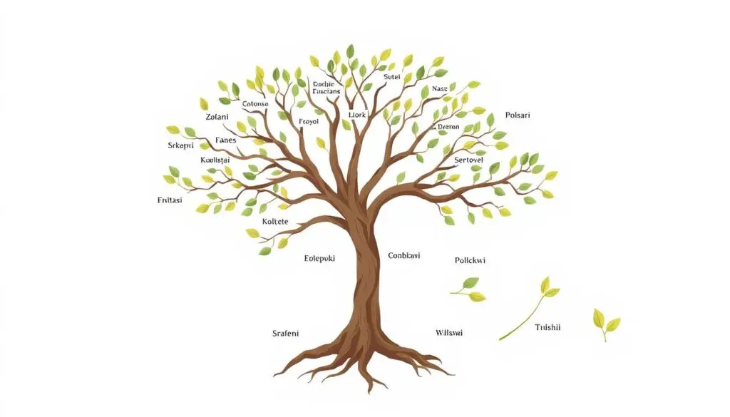 Symboliczna ilustracja przedstawiająca ewolucję języka polskiego jako drzewo z korzeniami w językach indoeuropejskich, kto wymyślił język polski