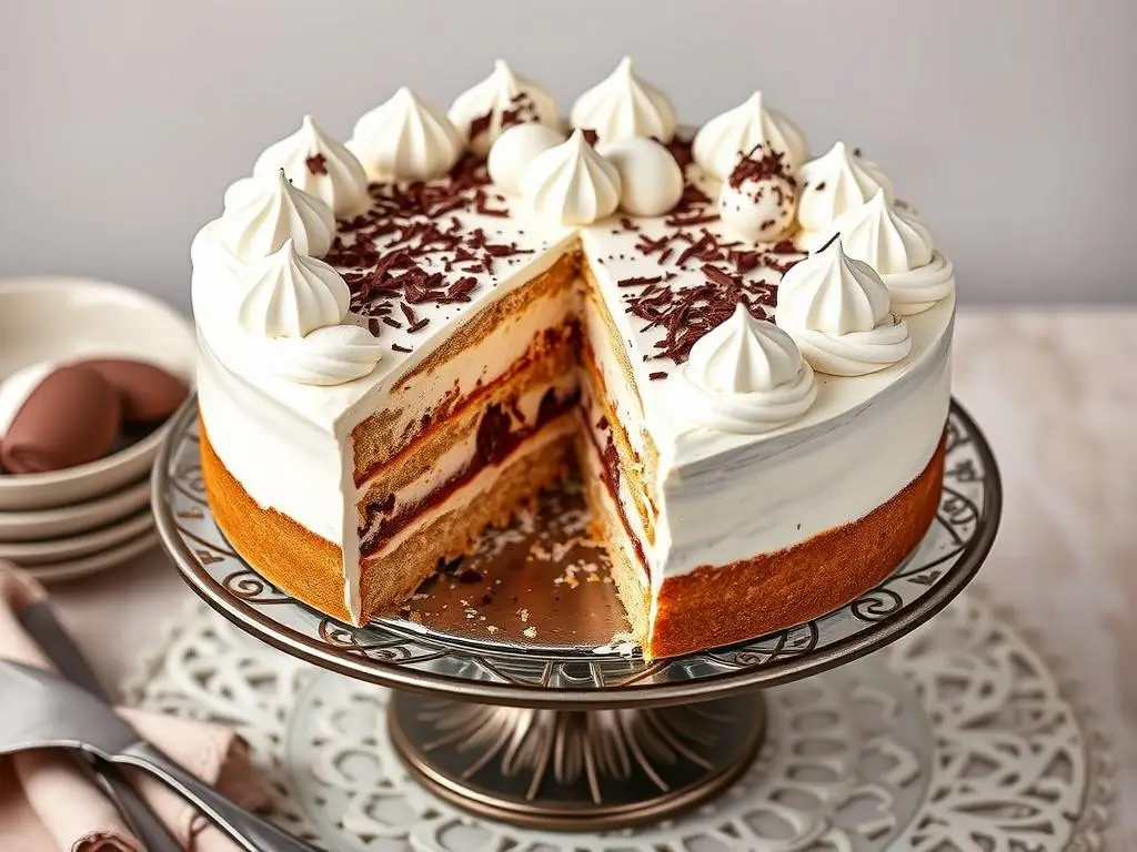 Tort z chałwą i bezami siostry Anastazji na ozdobnym paterze