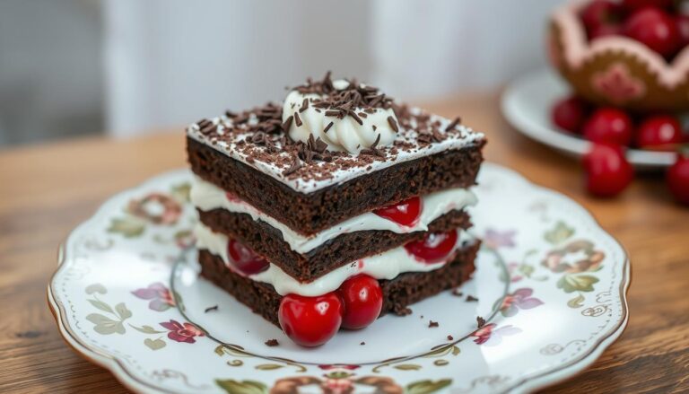 Tradycyjne ciasto Czarny Las Siostry Anastazji na ozdobnym talerzu