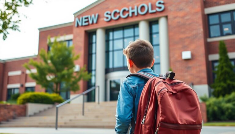 Uczeń z plecakiem stojący przed nową szkołą podczas przeniesienia do innej szkoły