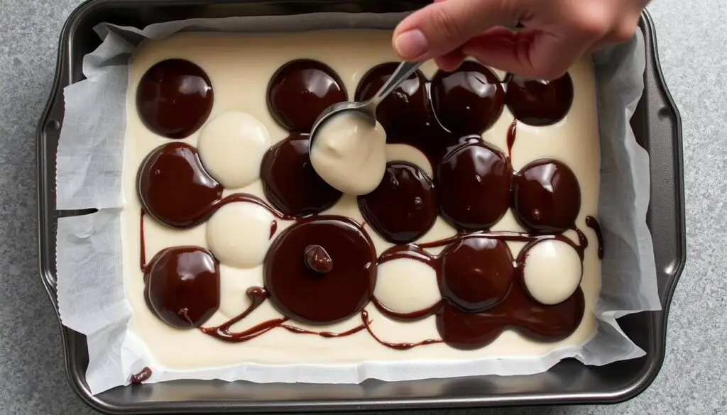 Wykładanie ciasta jasnego i ciemnego do formy na przemian