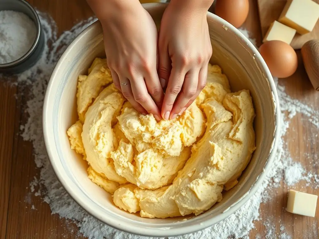 Zagniatanie ciasta kruchego do przepisu na niebo w gębie
