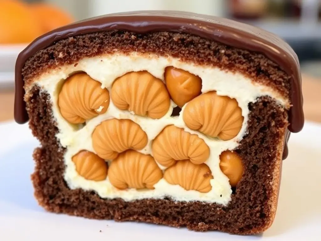 Zbliżenie na przekrój placka z rogalikami 7 days ukazujący warstwy ciasta