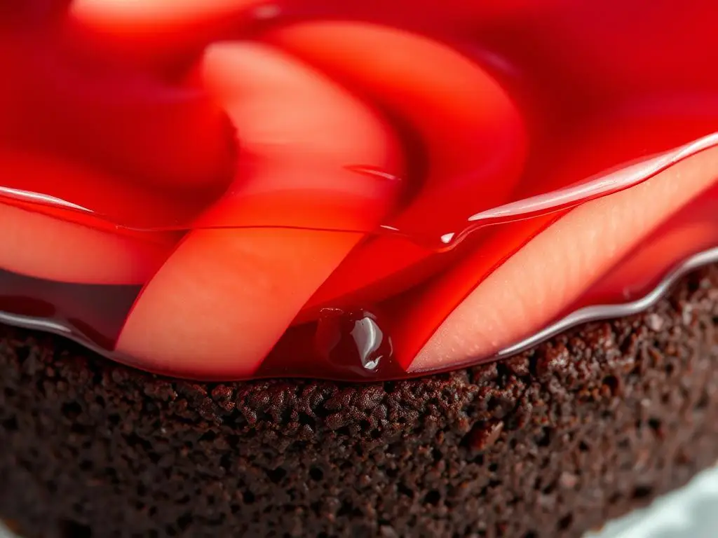 Zbliżenie na warstwę jabłek z galaretką na biszkopcie ciemnym