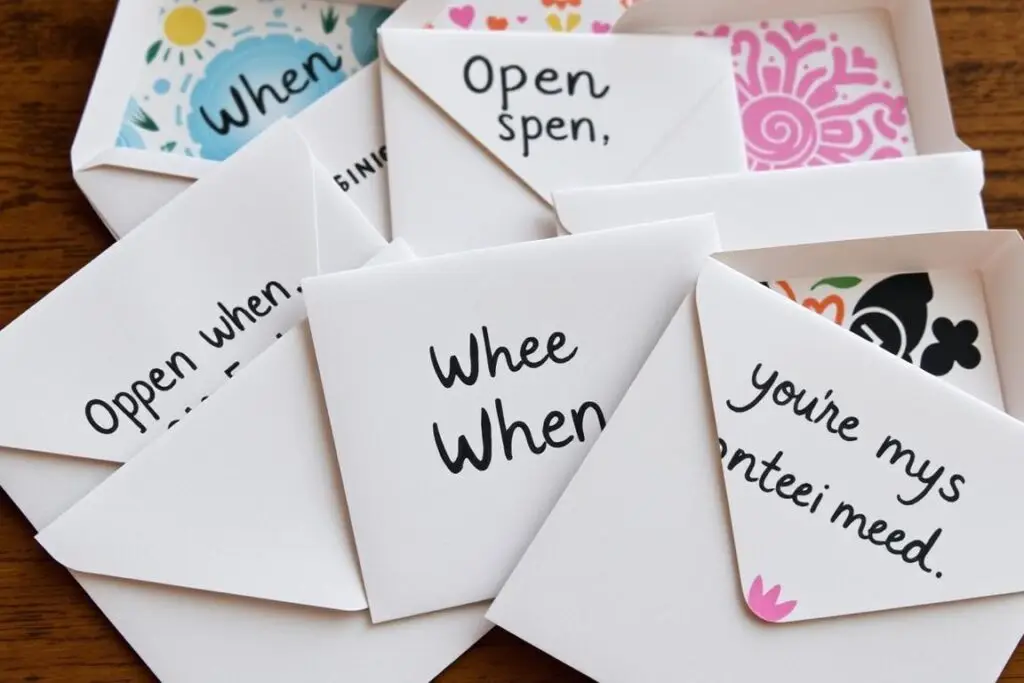 Zestaw kopert 'open when' z różnymi napisami