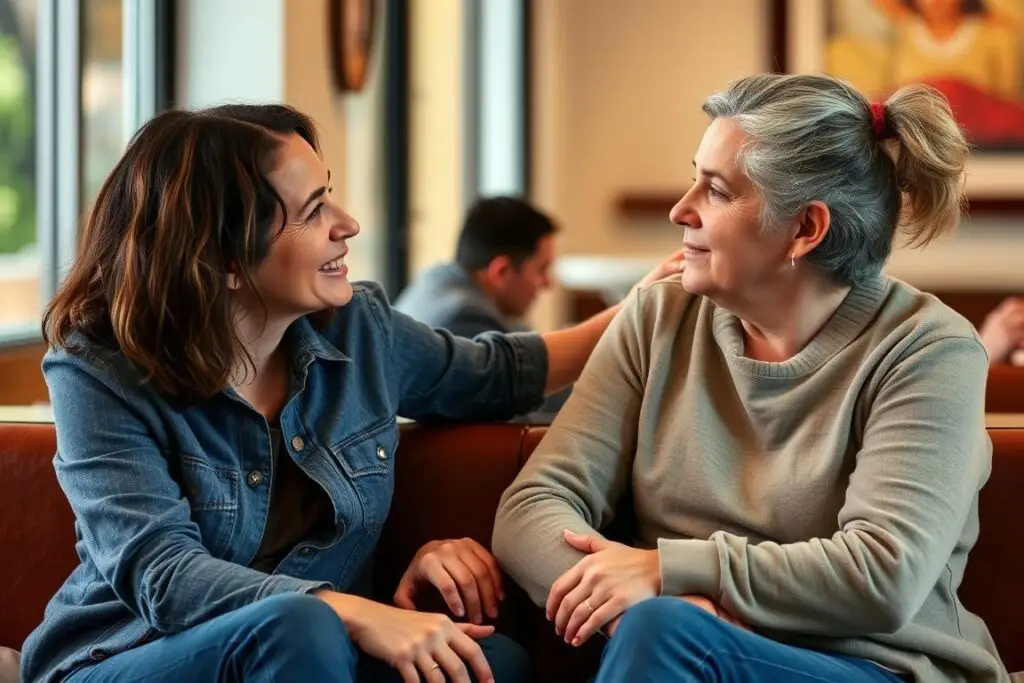 Dwoje przyjaciół podczas szczerej rozmowy, jeden wspiera drugiego, widoczna bliskość emocjonalna