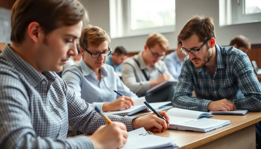 Grupa dorosłych uczestnicząca w dyktandzie ortograficznym w języku polskim