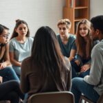 Grupa młodych ludzi siedzących w kręgu podczas trudnej rozmowy, niektórzy wyglądają na zaniepokojonych