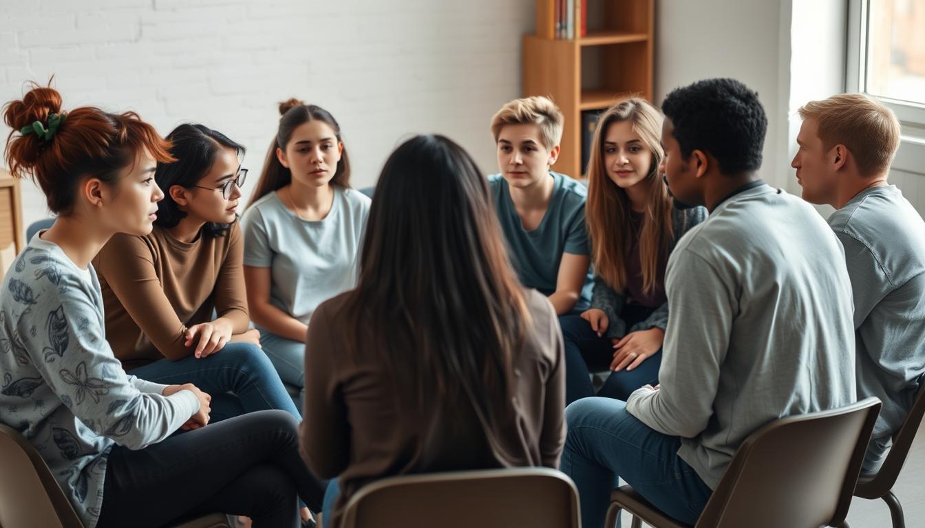 Grupa młodych ludzi siedzących w kręgu podczas trudnej rozmowy, niektórzy wyglądają na zaniepokojonych
