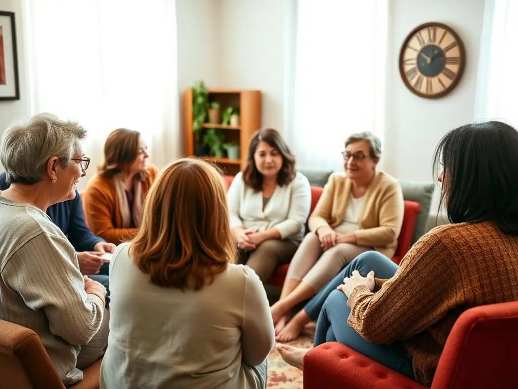 Grupa wsparcia podczas sesji, uczestnicy dzielą się doświadczeniami w bezpiecznej atmosferze