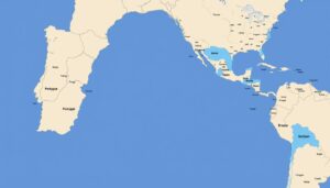 Mapa pokazująca Portugalię i Brazylię z zaznaczonymi obszarami, gdzie mówi się po portugalsku