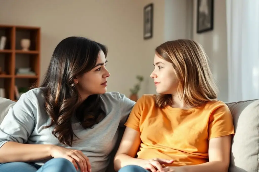 Matka i nastoletnia córka podczas szczerej rozmowy w domowym otoczeniu, atmosfera zaufania i wsparcia