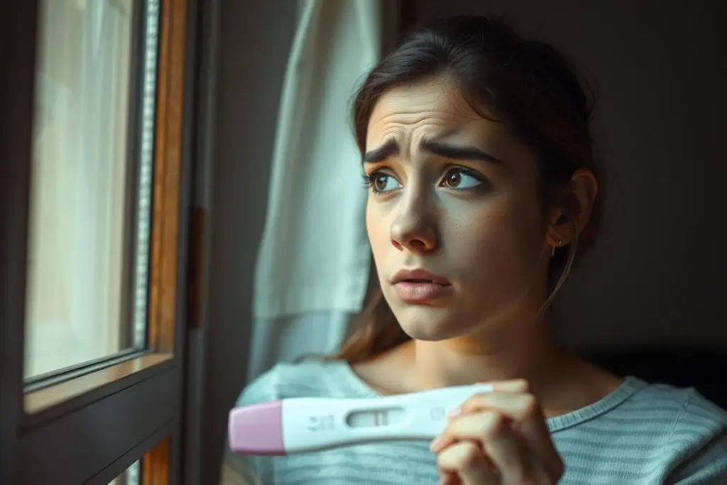 Młoda kobieta w zamyśleniu patrząca przez okno, trzymająca test ciążowy, wyraz twarzy pokazuje mieszane emocje