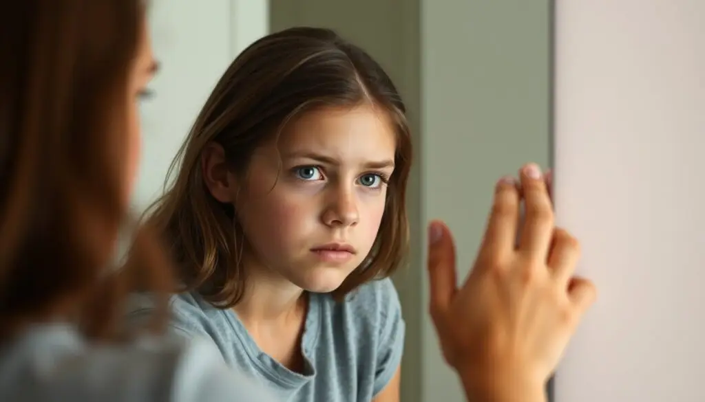 Nastolatka patrząca w lustro z wyrazem niepewności, skupiona na swoim odbiciu, naturalne oświetlenie