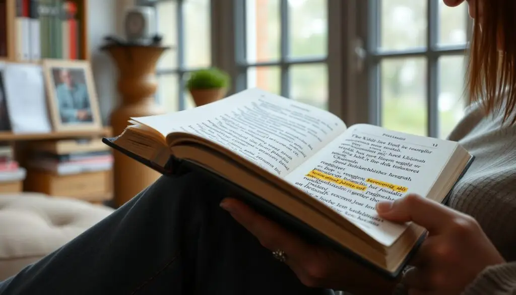 Osoba czytająca książkę z zaznaczonymi trudnymi ortograficznie słowami w języku polskim