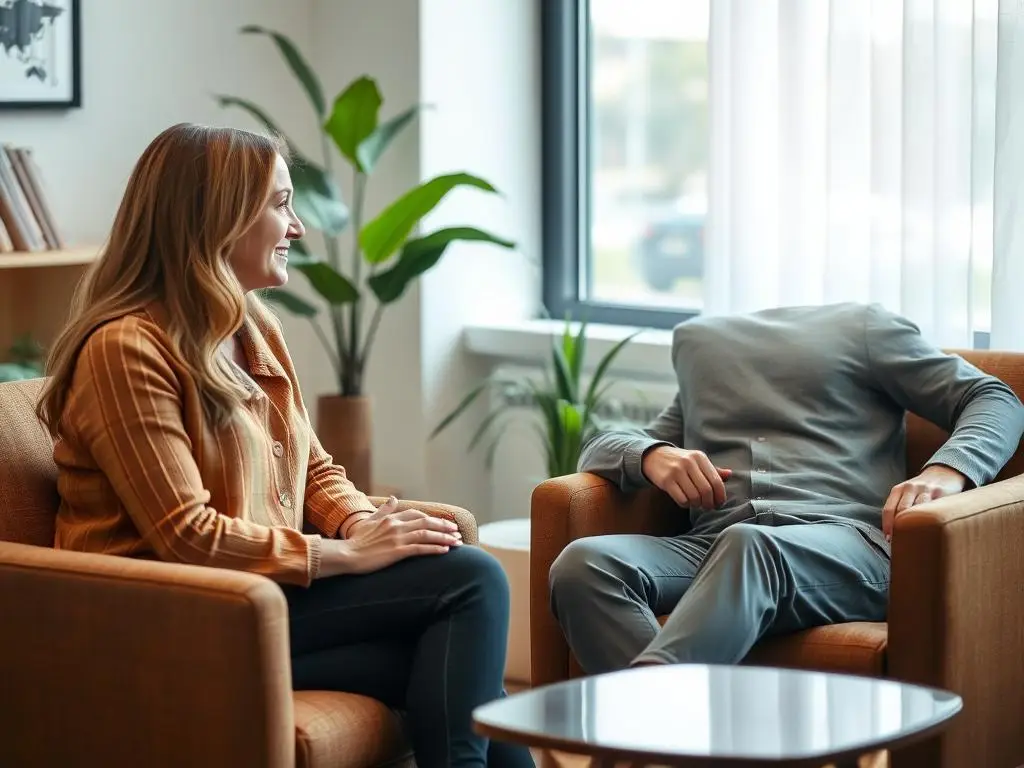 Osoba rozmawiająca z psychologiem lub doradcą w gabinecie, atmosfera zaufania i profesjonalnego wsparcia